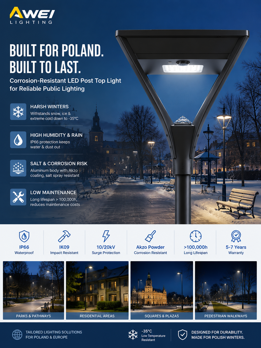 Derniers blogs de l'entreprise sur Les lampes de poteaux LED résistantes à la corrosion soutiennent le développement de l'éclairage public lors du renouvellement urbain en Pologne