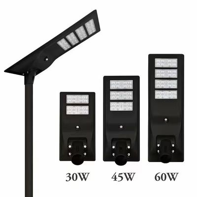 All-in-one éclairage de rue solaire LED intégré de 45 W avec silicium monocristallin, flux lumineux élevé, batterie au lithium de 12,8V-30AH et télécommande